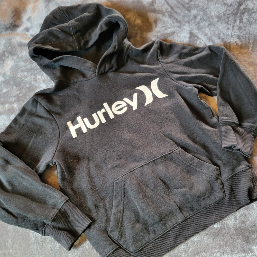 Hurley Pullover Hoodie Boys Size S (8) Black Excellent Logo Graphic Fleece 906